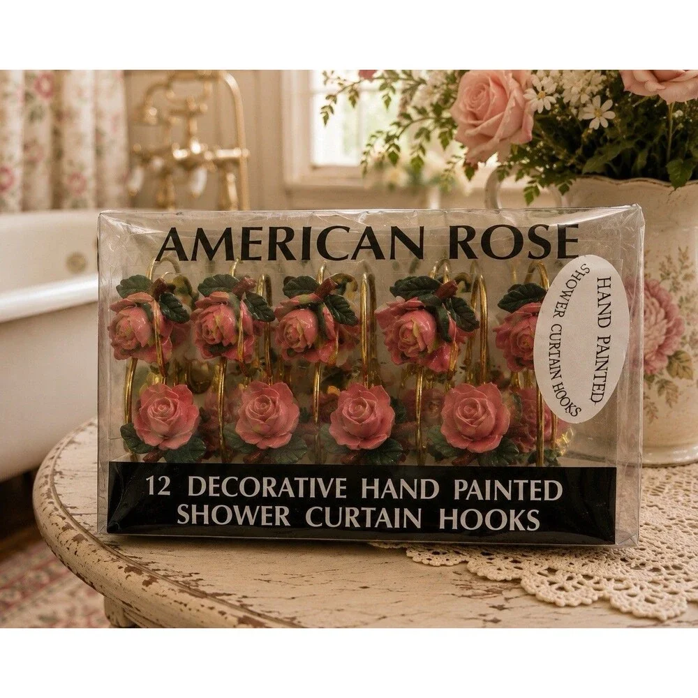 Vintage American Rose 12 Hand-Painted Pink Roses Shower Curtain Hooks Set in Box